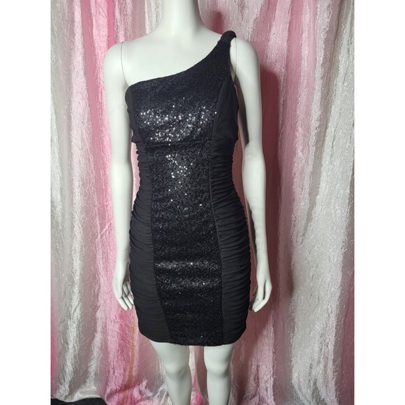 Ruby Rox Y2K Black One Shoulder Sequin Rouched Club Dress Size Medium - Picture 2 of 11